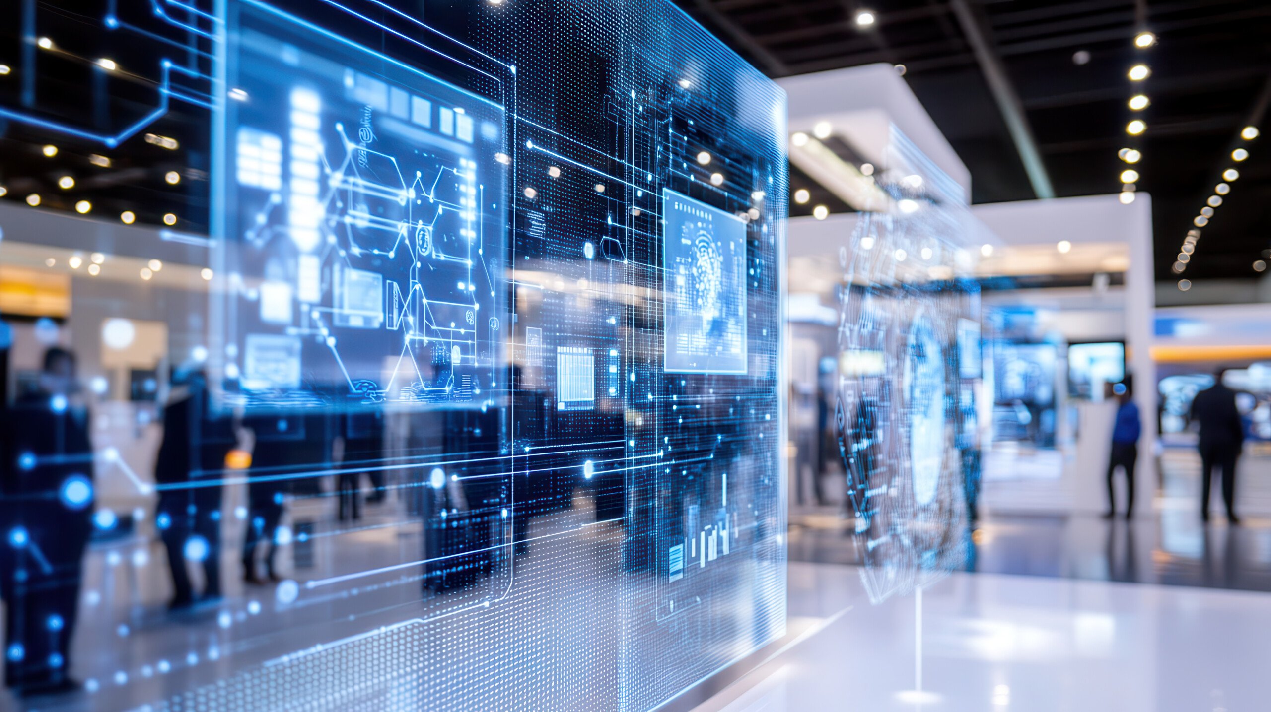 High tech conference room with holographic displays and digital interfaces, showcasing advanced technology and innovation in modern setting