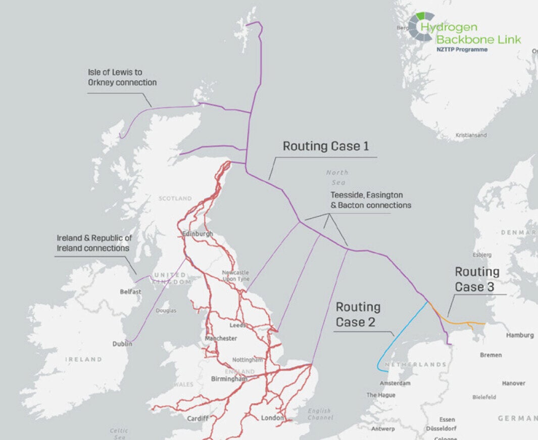 An illustration of the UK and European Hydrogen Backbone